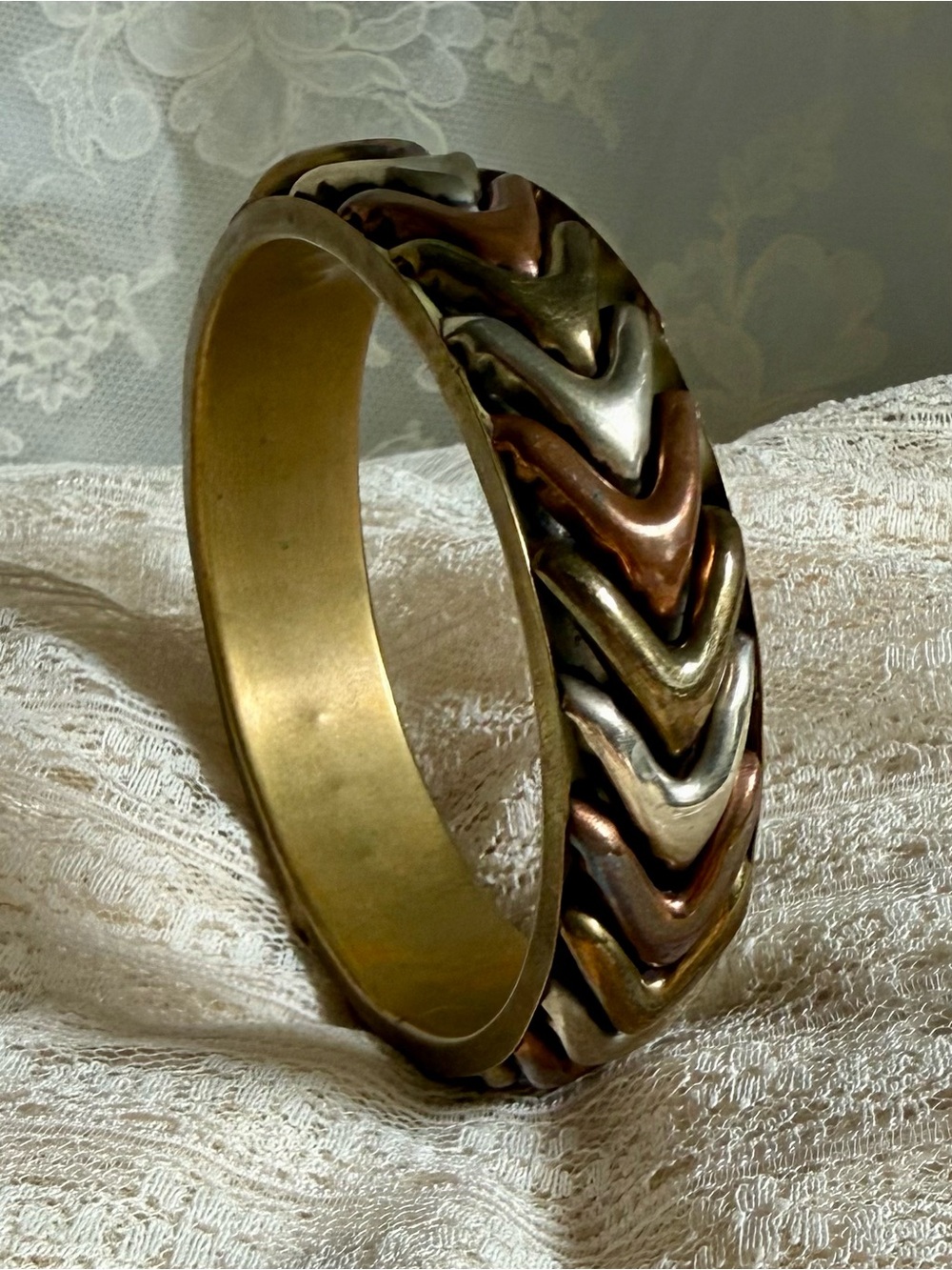 Vintage 70s 80s Tri-color Mixed Metal Chevron Boho Retro Southwest Brass Copper